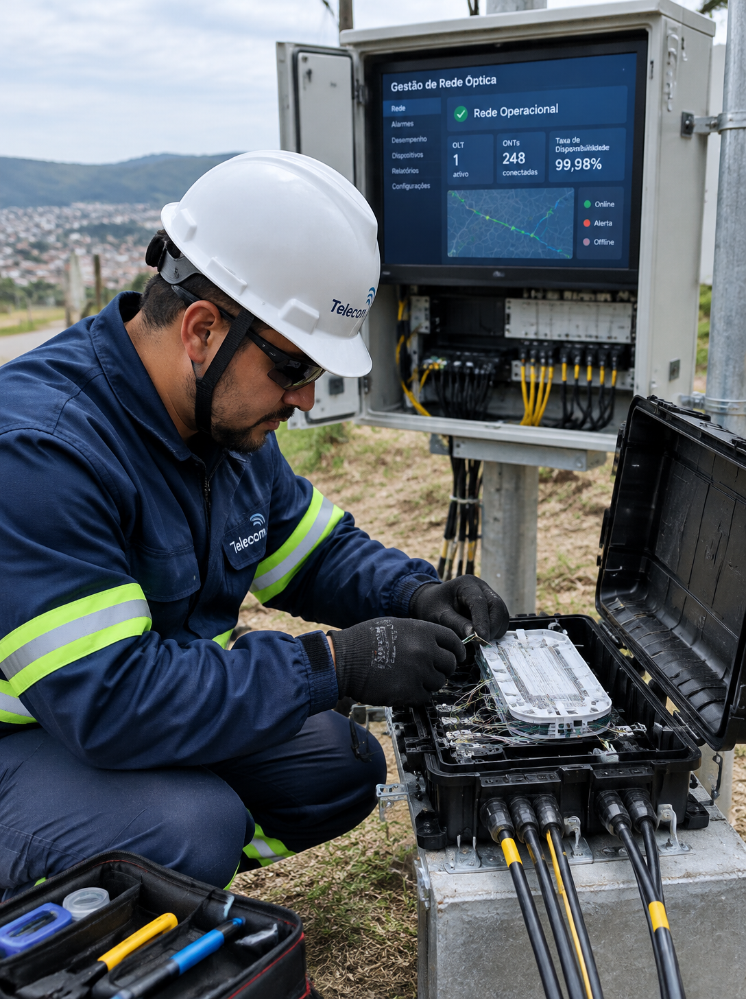 Técnico em campo junto a caixa de emenda de fibra, com painel de gestão ao fundo