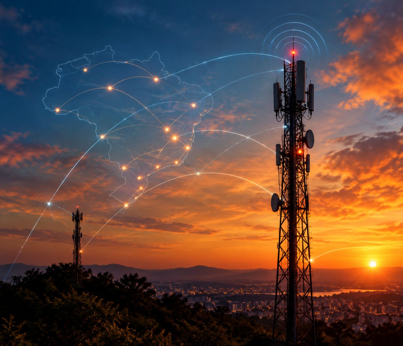 Técnico de campo trabalhando em poste de rede de fibra óptica